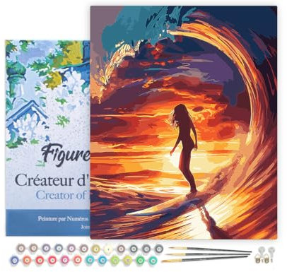 Figured'Art Pintar por Numeros Adultos con marco Chica surfista en la gran ola - Manualidades pintura acrilica Kit Cuadro DIY completo - 40x50cm con bastidor montado