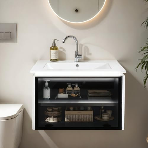 Merax Waschbecken mit Unterschrank, Badmöbel-Set, Keramik Waschtisch mit Unterschrank 60 cm, Wandhängender Waschbecken-Unterschrank mit Glastür und Induktionslampe, Weiß