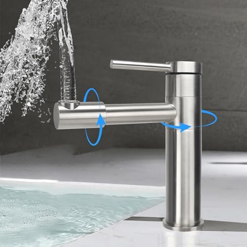 VirtuGro Grifo de Lavabo Giratorio 720° Grifo Baño Agua Fría y Caliente Monomando Grifos para Lavabos de Baño Acero Inoxidable para Hacer Gárgaras y Lavarse la Cara Cepillado Plata