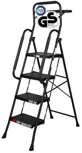 PROREGAL Profi-Trittleiter mit 4 XXL-Stufen TÜV/GS Zertifizierung, klappbar mit Handbügel und Werkzeugablage, Stufen aus Kunststoff, HxBxT 158x52x87cm Traglast 150 kg Stahl Matt Schwarz Klappleiter