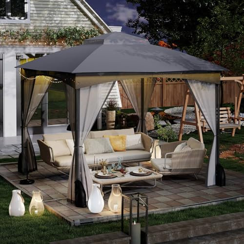 RELAX4LIFE Tonnelle de Jardin Exterieur 3x3, Tonnelle 3x3 avec Moustiquaire, Barnum Tente de Reception, Cadre Métallique, Sacs de Sable, Piquets de Sol, Montage sans Outil, pour Terrasse (Gris)