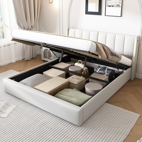5ft King Size Ottoman Bed With Storage, Hydraulic Lift Upholstered Bed Frame with LED Lighting&Charging Station, PU Leather Functional Storage Beds With Adjustable Headboard&Slats, No Mattress, White