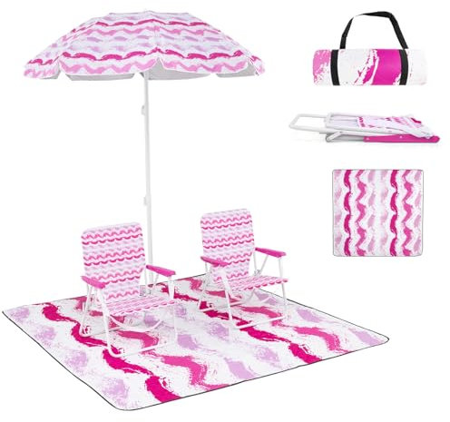 KOMFOTTEU Juego de 2 Sillas de Playa con Sombrilla y Manta de Picnic, Sillas Pórtatiles Plegables con Portavasos, Sombrilla Reclinable a 30 ° con Bolsa de Transporte, para Camping, Pesca (Rosa)