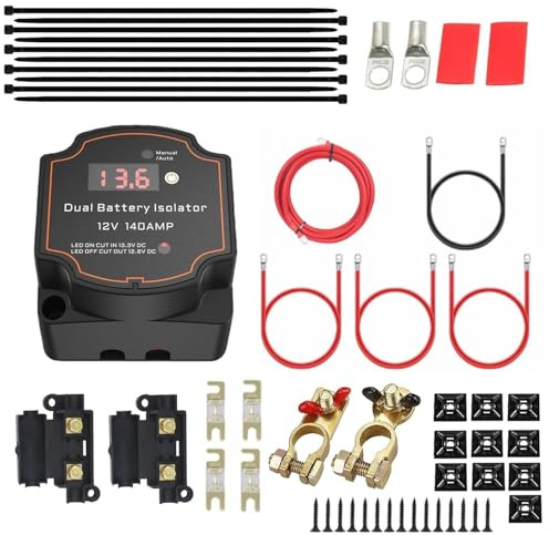 6m Split Charge Relay Kit,12V 140 Amp Smart Dual Battery Isolator Kit with Led Voltmeter Manual/Auto Mode IP68 Waterproof Voltage Sensitive Relay VSR Kit for Truck ATV UTV Boat RV