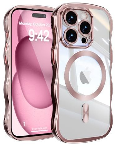 UEEBAI for iPhone 15 Pro Case, Cute Wave Translucent Frame Magnetic Phone Case Compatible with Magsafe Full Camera Protection Cover Soft Electroplated Phone Cover for Women Girls - Pink