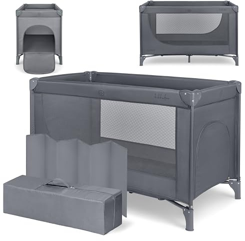 KikkaBoo Reisebett Baby SO Gifted 2026, Kinderreisebett 120x60 cm, bis 15 kg, Faltbar & Kompakt, Tragbar mit Transporttasche, Zusammenklappbar für Reise & Urlaub, Grau, Cot