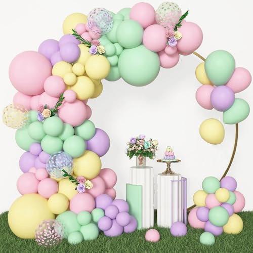BlueCloudy 153pcs Kit d’Arche à Ballons Guirlande Pastel, Différentes Tailles 45 30 25 12 cm, Ballons Pastel Rose Jaune Vert Violet Confettis pour Décoration Anniversaire Printemps Mariage Sauvages