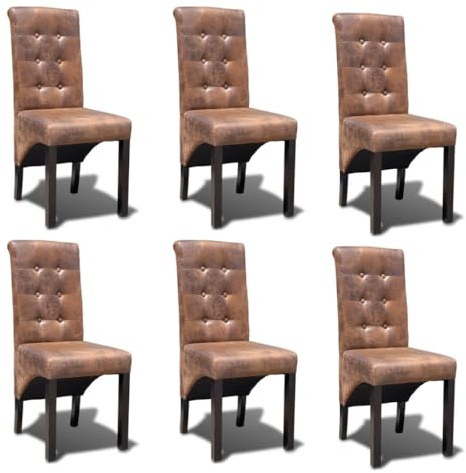 Mandloder Esszimmerstühle 6er Set Braun Wildleder-Optik Polyester Bezug, Holzstuhl Gepolstert für Esszimmer Küche, Komfortable Polsterstühle mit Knopfheftung, Belastbar bis 110 kg