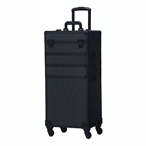 Bonnlo 4 in 1 Rolling Makeup Train Case, Aluminum Makeup Travel Organizer Cosmetic Case, Cosmetology Display Suitcase on Wheels, Beauty Storage Luggage Lockable w/4 Removable Wheels - Black