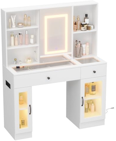 GarveeTech Schminktisch mit LED-Spiegel & Glasplatte, Beleuchteter Frisiertisch mit 3-Farben-LED, Schubladen, Glasvitrinen, USB/AC-Anschlüssen und kratzfester Oberfläche