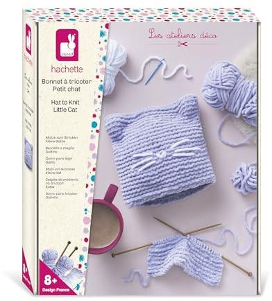 Janod - Kit Créatif Bonnet Petit Chat à Tricoter – Mon Premier Tricot - 4 Pelotes Laine Chenille + Aiguilles – Activité DIY Débutant – Dès 8 Ans