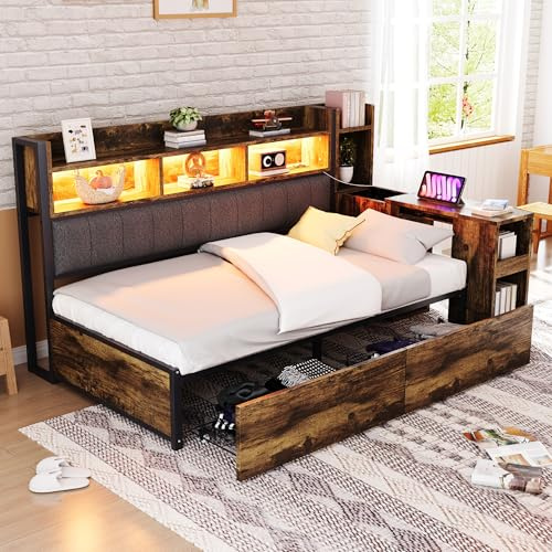 Qsddk Schlafsofa Polsterbett 90x200 cm mit LED-Beleuchtung und Ausziehbaren Schreibtisch, Einzelbett Bett mit Stauraum Schubladen, Tagesbett Bettgestell mit Lattenrost, Holzfarbe, Ohne Matratze