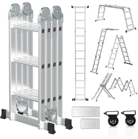 Hebitod Mehrzweckleiter 4x3, 7in1 Teleskopleiter Alu 366CM Vielzweckleiter Multifunktionsleiter mit 2 Plattform und Räder, Haushaltsleiter Max Belastung 150kg, Klappleiter 12 Sprossen