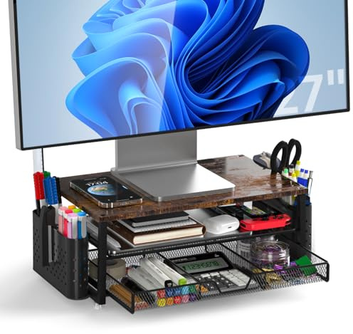 MOWETOO Soporte para monitor con 2 niveles, soporte para impresora, soporte para monitor con plataforma de rejilla, cajón y soporte para bolígrafos, adecuado para portátiles, ordenadores, PC (Wooden)