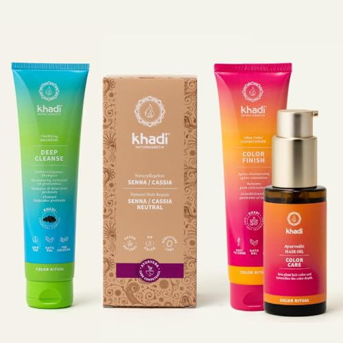 khadi ColorCycle CASSIA HENNA NEUTRAL Kit completo - Tinte vegetal para el cabello + DEEP CLEANSE Champú clarificante ayurvédico + COLOR FINISH Acondicionador para después del tinte + Aceite capilar C