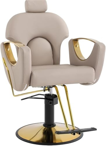 Drmilito Fauteuil de Coiffure Professionnel Chaise de Barbier Beige | Pivotant 360° Hauteur Réglable Appuie - tête Le dossier Réglable Fauteuil de Barbier pour Salon de Coiffure/Beauté/Tatouage