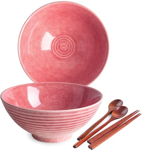 Auanlay 1200ml Ceramic Ramen Bowl Set of 2 Japanese Noodle Bowls with Spoons and Chopsticks, Pink
