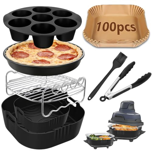 8 Stück Airfryer Zubehör Set für Ninja CRISPi FN101EU & CRISPi Pro | Enthält 2 Silikonkörbe Insert 1,33L & 3,44L 100 Backpapier 1 Edelstahl-Grillrost etc Zubehör , BPA-Frei Spülmaschinenfest