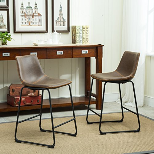 Roundhill Furniture Lotusville Vintage Hocker aus PU-Leder, Thekenhöhe, Antikbraun, 2 Stück