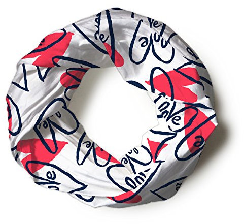 TigerTie Loop Schal in rot weissgrau dunkelblau gemustert mit Schriftzug Love und Herzmotive - Gr. 160 x 100 cm