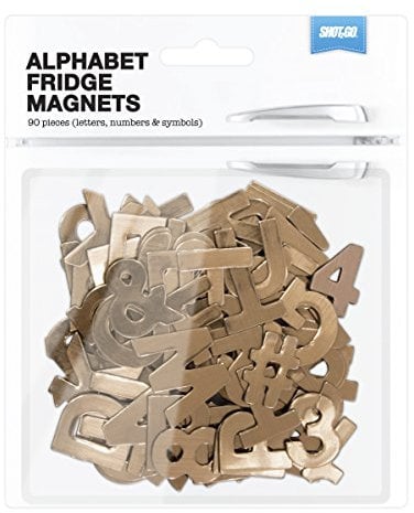Shot2go Pack of 90 magnetic alphabet letters in metallic copper effect. Includes letters, numbers & symbols. Letter height 25mm