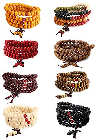 Milacolato Holz Armband 108 Mala Perlen Armbänder Buddhist Strang Holz Gebetskette Sandelholz Link Handgelenk Halskette Kette für Männer Frauen Chinesischen Knoten 8 stücke