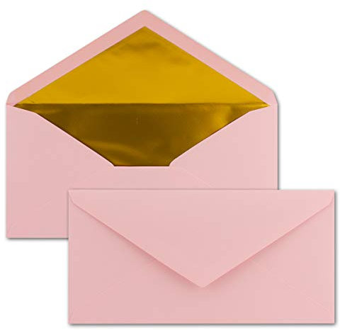 25 Brief-Umschläge DIN Lang - Rosa mit Gold-Metallic Innen-Futter - 110 x 220 mm - Nassklebung - festliche Kuverts für Taufe & Geburt