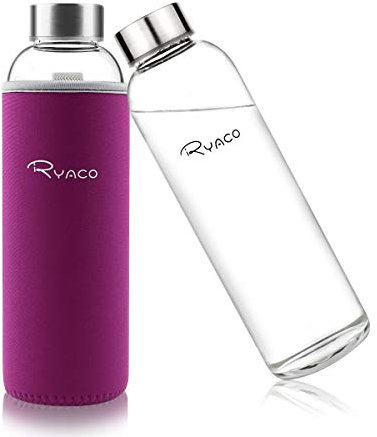 Ryaco Botella de Agua Cristal 550ml, Botella de Agua Reutilizable 18 oz, Sin BPA Antideslizante Protección Neopreno Llevar Manga y Cepillo de Esponja (550ml, Rojo violáceo)