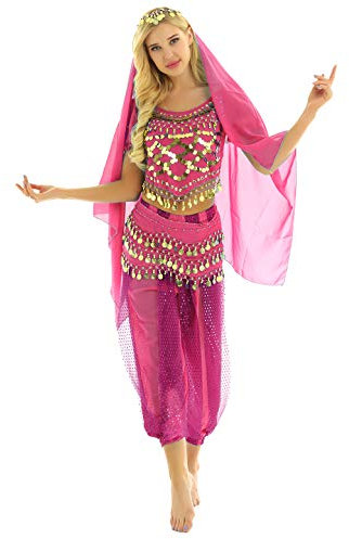 inhzoy Frauen Bauchtänzerin Kostüm Puffärmel Pailletten Oberteile mit Pluderhosen Hüfttuch und Kopftuch Set Tanz Outfit Rose Einheitsgröße