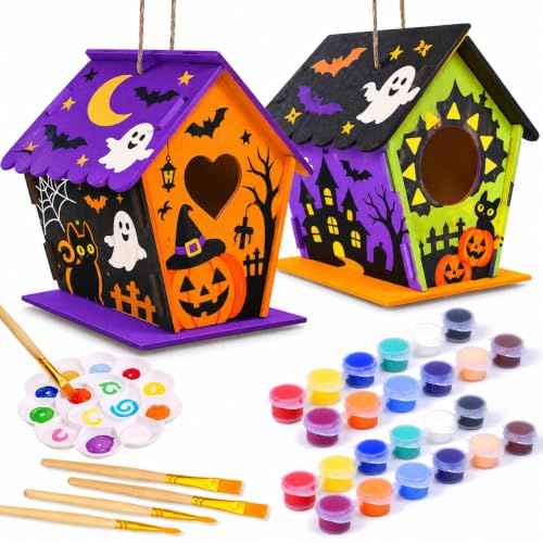 hapray 2 Pack Bird House Kit, DIY Birdhouse Kits, Wooden Crafts Arts for Children to Build and Paint (Includes Paints & Brushes) for Kids Girls Boys Toddlers Halloween Gifts
