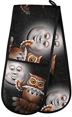 PUXUQU Ofenhandschuhe Süß Karikatur Eule Mond Topfhandschuh Oven Mitts Backhandschuhe Topflappen für Zuhause Küche Backen Kochhandschuhe