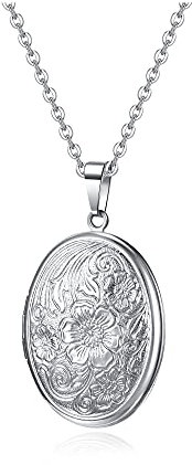 PiercingJak Collier Médaillon Photo Pendentif Ovale Ouvrant Personnalisé Graver Fleur Vintage Porte Photo Acier Inoxydable Bijoux Cadeau Anniversaire Saint-Valentin Fête des Mères(Argent)