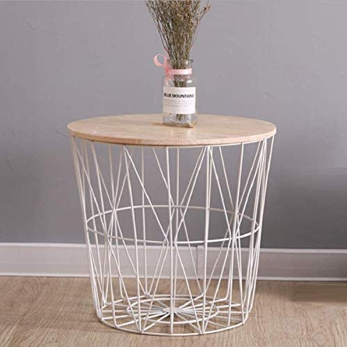HOMION Round Metal Storage Basket - Modern Side Table for Bedroom, Balcony, Corner, Tea, Bedside, Sofa, Hallway, Living Room (White + Natural Lid, Large)