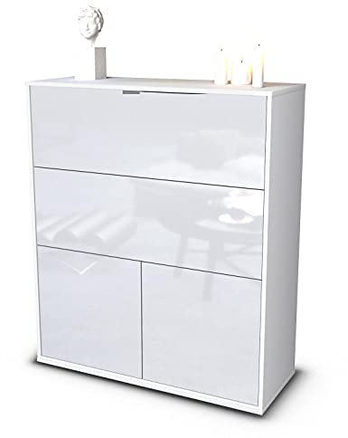 Stil.Zeit Highboard Isabella, Korpus Weiss matt, Front Hochglanz-Design Weiß (92x108x35cm), Push-to-Open Technik & Leichtlaufschienen