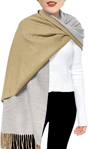 ehsbuy Cashmere Scarfs For Women Soft Pashmina Shawls And Wraps Reversible Long Large Winter Warm Thick Ladies Scarves With Tassel For Weddings Womens Gifts (Khaki & Grey)