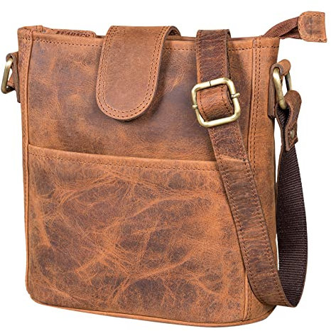 LEABAGS Leder Handtasche Damen I Premium Echtleder Umhängetasche I Damen Schultertasche I Damentasche I Tragetasche für Arbeit Uni Schule Freizeit I Größe L (31 x 29 x 13 cm) I Fox