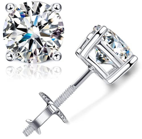 KRFY Moissanite Stud Earrings 1/1.6/2 Carat 5mm Brilliant Round Cut D Color VVS1 Clarity Created Diamond Earrings 18K White Gold Plated Sterling Silver Earrings for Women