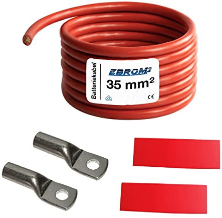 EBROM Batteriekabel „DIY SET PLUS Kabel ROT - 35 mm² von 30 cm bis 10 Meter, Ringösen Kabelschuhe M6/M8/M10/M12 kombinierbar, Ihre Auswahl: Vollkupfer Pluskabel 35 mm2, 200 cm Kabelschuh 2 x M10