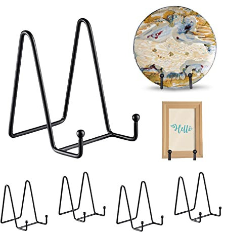 WEKIWGOT 5 Stück Tellerständer, Staffelei Aufsteller Teller Ständer Metall, Schwarz Deko Tellerhalter Bilderrahmen Halterung für Bilder, Bücher, Fotos, Kreationen, Sammlerstücke (4.5 Zoll)
