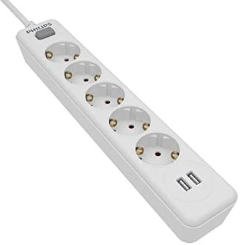 Philips SPN3052WA/10 Steckdosenleiste mit 5 Schuko-Steckdosen und 2 USB-Ports 2,4 A, EIN-/Ausschalter, geflochtenes Netzkabel 1,5 m (hohe Widerstandsfähigkeit) - Weiß