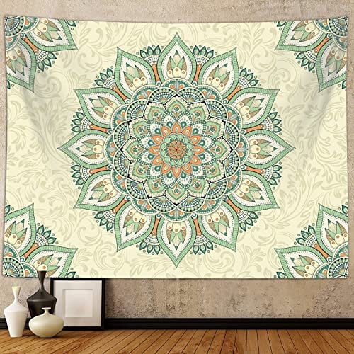 Boho-grüner Mandala-Wandteppich, böhmischer Salbeigrün, Mandala-Kunst, Wandbehang für Teenager, Mädchen, Schlafzimmer, ästhetisch, Studentenwohnheim, Wohnzimmer, Büro, Dekoration, 60x40 Poster