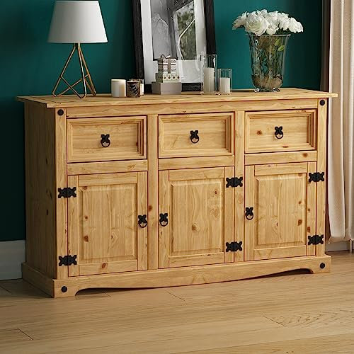 Vida Designs Corona 3 Door 3 Drawer Sideboard, Solid Pine Living Room Dining Bedroom Furniture