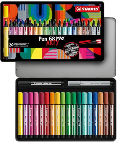 STABILO - Premium-Filzstift mit dicker Keilspitze - Pen 68 MAX - ARTY - 20er Metalletui - mit 20 verschiedenen Farben