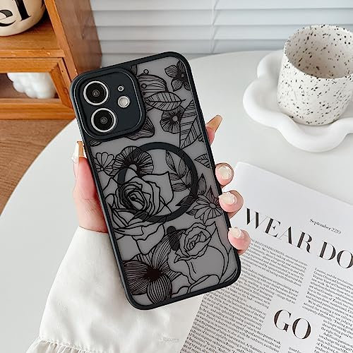 XIZYO Magnetic Case for iPhone 11 6.1 Inch Compatible with MagSafe, Frosted Translucent Rose Floral Flower Pattern Shockproof Cover, Soft TPU Bumper Protective Phone Case, Black