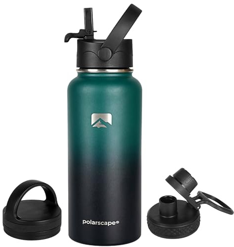 Polarscape Stainless Steel Insulated Water Bottle with Straw - Metal Water Bottle, Includes 3 Lids, 2 Straws, and Straw Brush - Wide Mouth, Double-Walled, BPA Free, Leak Proof - 1L Forest
