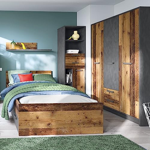 Lomadox Jugendzimmer Komplett-Set mit Bett 120x200, Kleiderschrank 3-türig, Regal, in grau mit Holz, Studentenzimmer, Kinderzimmer