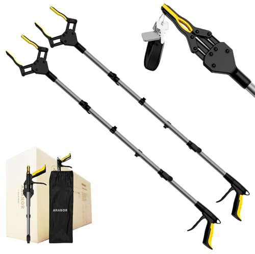 Extra Lang 2 x 91 cm Faltbare Greifzange für Senioren, Upgrade Breiter Kiefer mit 360° Drehbarer Kopf & 2 Aufbewahrungsbeutel, Robuste Greifer mit Magnet-Greifarm, Müllgreifer Zange, Armverlängerung