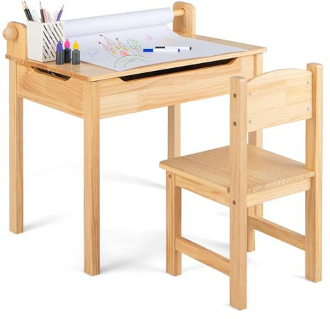 Maxmass Kids Table and Chair Set, Children Lift-top Art Desk with Paper Roller, Hidden Storage Space & Pen Slot, Toddler Wooden Activity Table Set for Drawing, Studying (Natural)