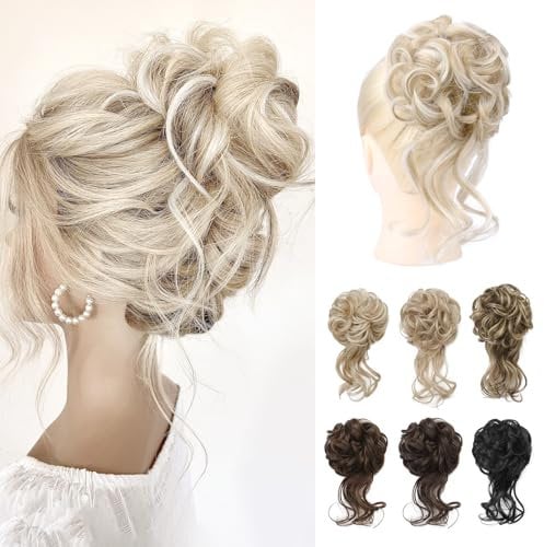 REECHO Messy Bun Hair Piece, Tousled Updo Elastic Hair Bun Hairpiece for Women Synthetic Donut Accessories Scrunchies - Light Ash Blonde with Highlights