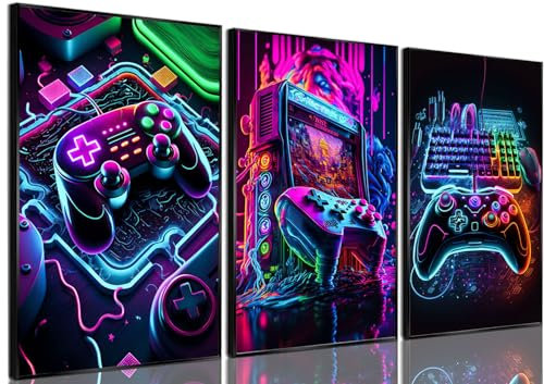 BGFCE 3pcs Neon Gaming Posters Wall Art Canvas Print for Room Decor - Console Painting Picture for Children, Youth, Boys Bedroom - Teen Wall Decor Unframed 12x16x3